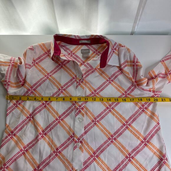 Chico's Pink Orange Diamond Plaid Button Up Blouse Womens Size 1 US 8/10 No Iron - Picture 9 of 10